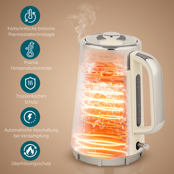 Wasserkocher und Toaster Set mit Schnellkochfunktion und Filter creme