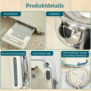 Wasserkocher und Toaster Set mit Schnellkochfunktion und Filter creme