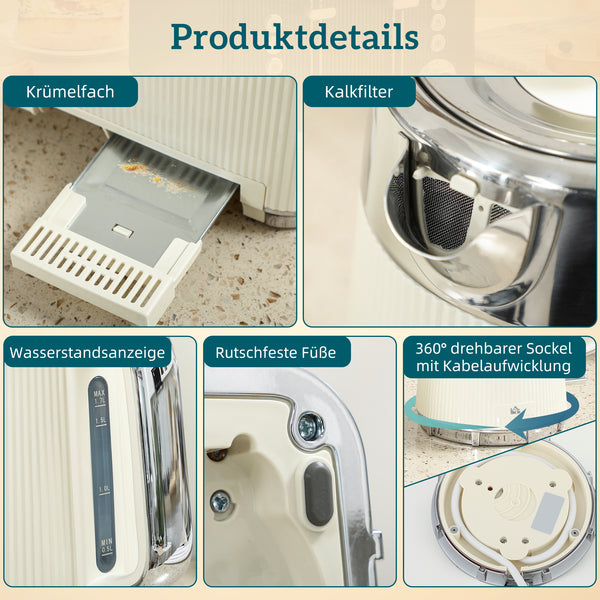 Wasserkocher und Toaster Set mit Schnellkochfunktion und Filter creme