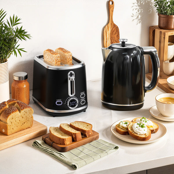 Wasserkocher und Toaster Set Retro Design LED 1,7L 2200W schwarz