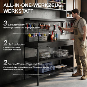 Werkbank mit Lochwand Schubladen und verstellbaren Regalen schwarz