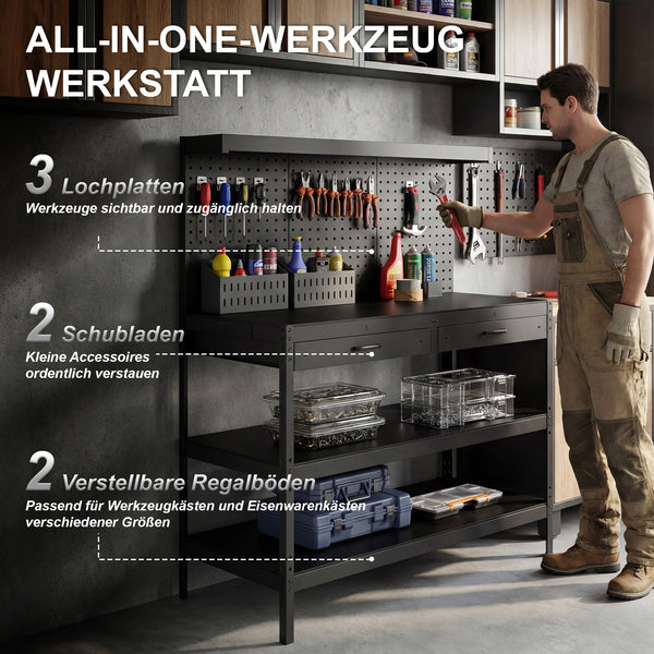 Werkbank mit Lochwand Schubladen und verstellbaren Regalen schwarz