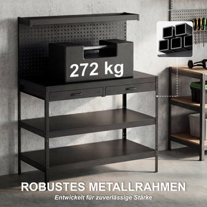 Werkbank mit Lochwand Schubladen und verstellbaren Regalen schwarz