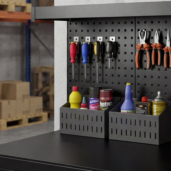 Werkbank mit Lochwand Schubladen und verstellbaren Regalen schwarz