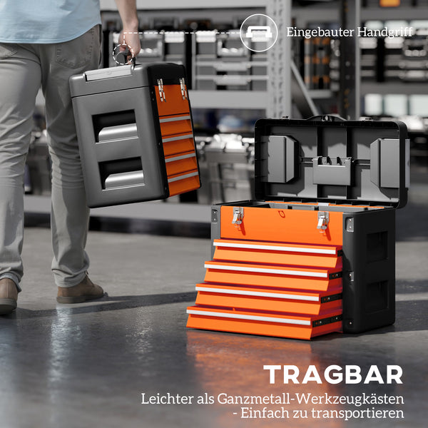 Werkzeugkiste leer mit 4 Schubladen aus Stahl orange