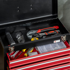Werkzeugkoffer abschliessbar mit 4 Schubladen aus Stahl schwarz rot
