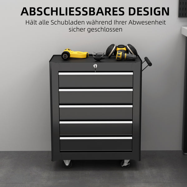 Werkzeugschrank rollbar mit 5 Schubladen aus Stahl schwarz