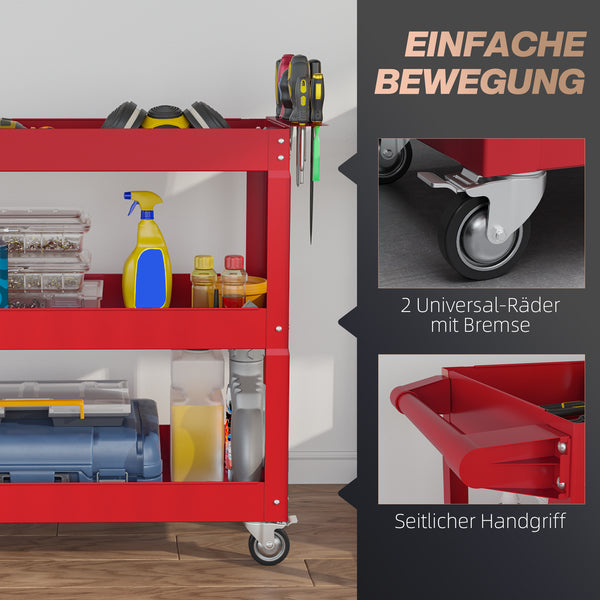 Werkzeugwagen fahrbar mit 3 Ebenen aus Stahl rot