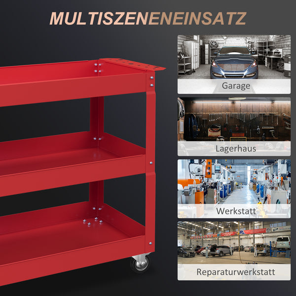 Werkzeugwagen fahrbar mit 3 Ebenen aus Stahl rot