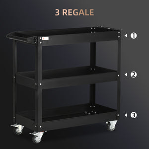 Werkzeugwagen rollbar mit 3 Ebenen für Werkstatt aus Stahl schwarz