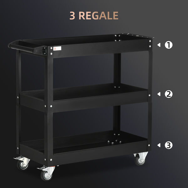 Werkzeugwagen rollbar mit 3 Ebenen für Werkstatt aus Stahl schwarz