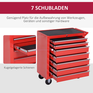 Werkzeugwagen mit 7 Schubladen belastbar bis 150kg aus Stahl rot
