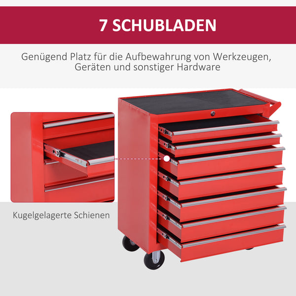 Werkzeugwagen mit 7 Schubladen belastbar bis 150kg aus Stahl rot
