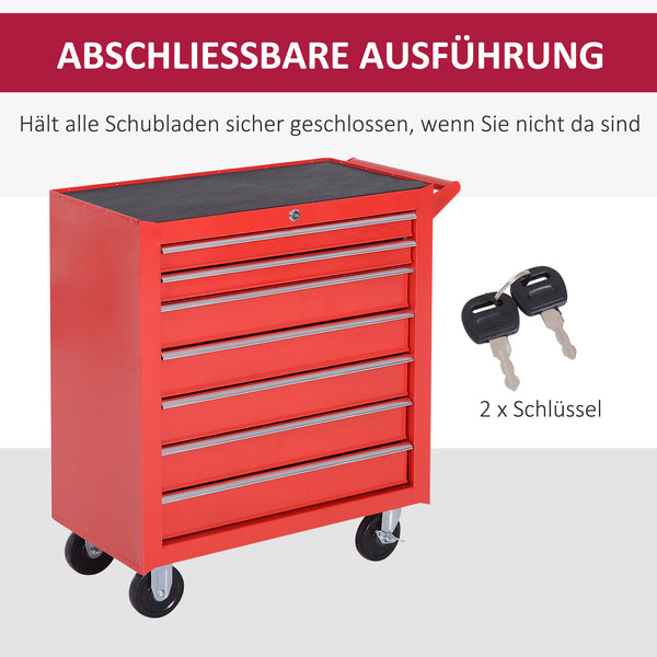 Werkzeugwagen mit 7 Schubladen belastbar bis 150kg aus Stahl rot