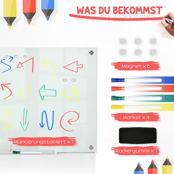 Whiteboard Magnettafel Glas mit Zubehör für Büro und Homeoffice weiss