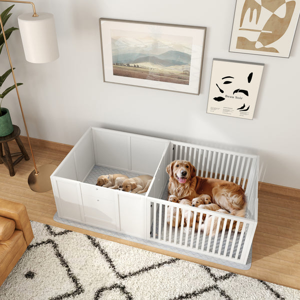 Wurfbox für Welpen leicht zu reinigen mit Unterlage aus Holz weiss