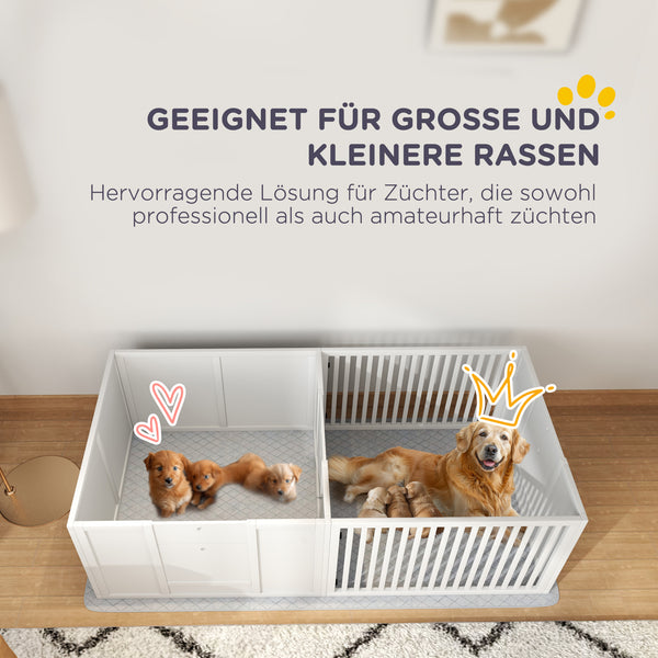 Wurfbox für Welpen leicht zu reinigen mit Unterlage aus Holz weiss