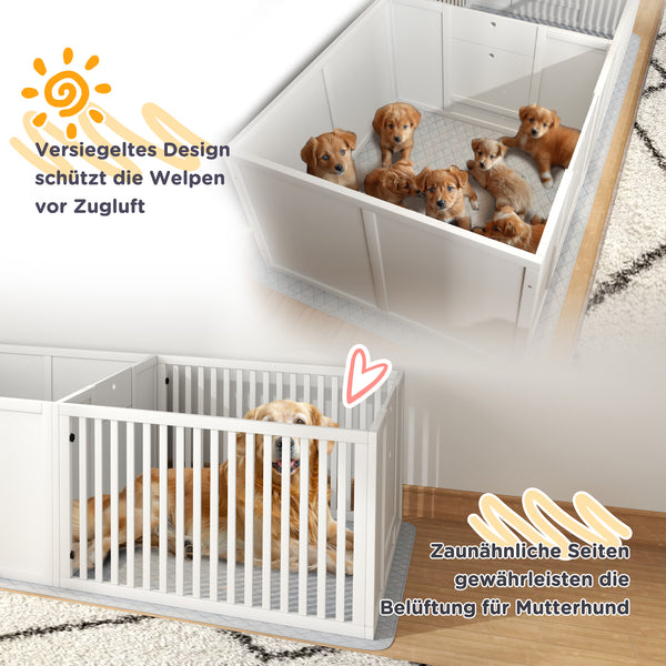 Wurfbox für Welpen leicht zu reinigen mit Unterlage aus Holz weiss