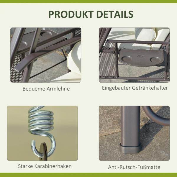 2-Sitzer Hollywoodschaukel Gartenschaukel mit Sonnendach Kissen Metall Polyester Beige