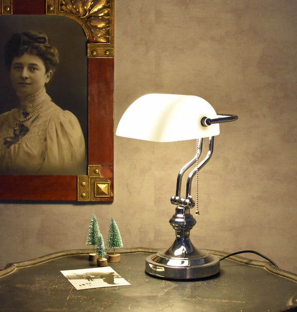 Bankerlampe Weiss Silber Anno 1900