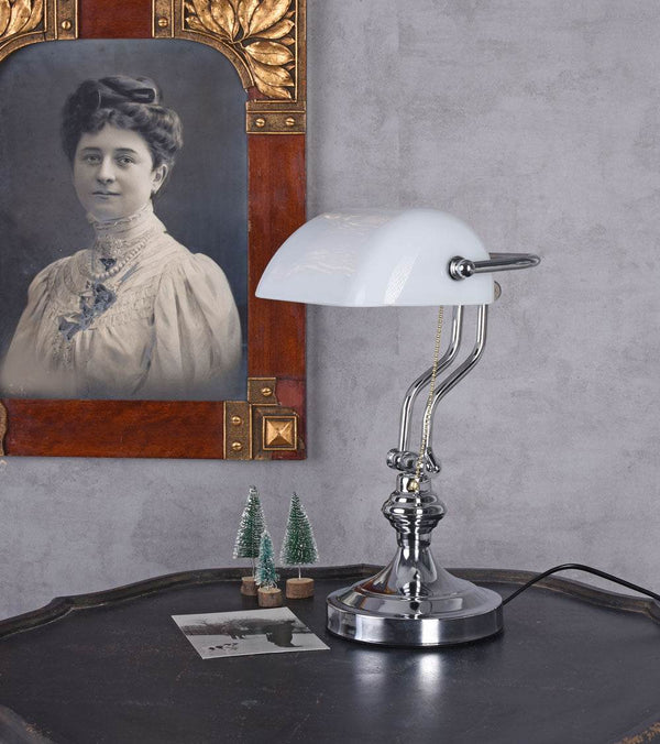 Bankerlampe Weiss Silber Anno 1900