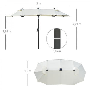 Doppelschirm, Terrassenschirm, neigbar, mit Solarpaneel, 35 LEDs, Stahlrahmen, beige