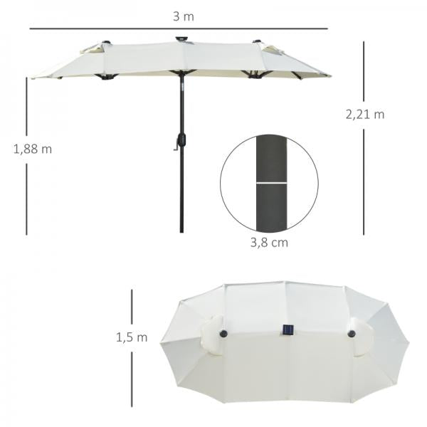 Doppelschirm, Terrassenschirm, neigbar, mit Solarpaneel, 35 LEDs, Stahlrahmen, beige