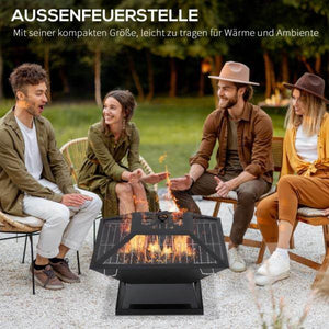 Feuerschale mit Funkenschutz Grillrost Schürhaken Feuerkorb Stahl Schwarz