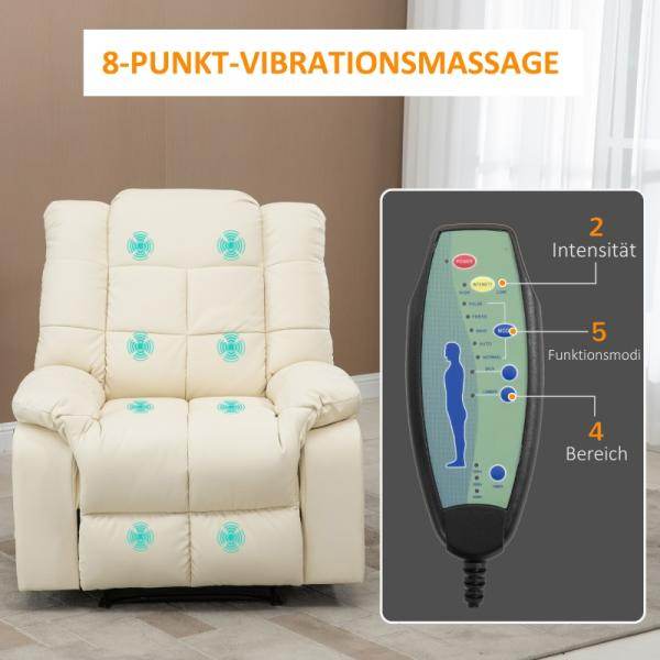 Massagesessel, Relaxsessel, 8 Vibrationspunkte, Liegefunktion, Kunstleder, cremeweiss