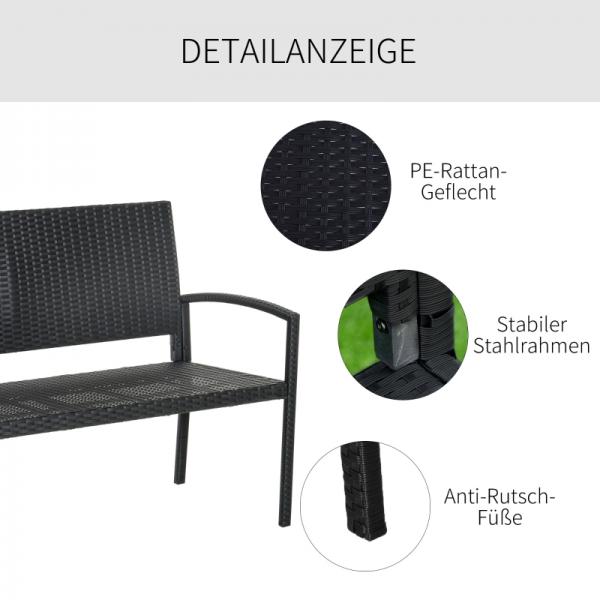 Gartenbank, in Rattanoptik, mit Stahlrahmen, für 2 Personen, Schwarz