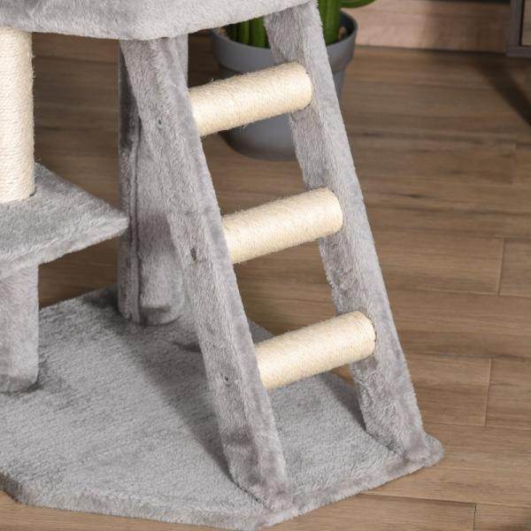 Kratzbaum mit Höhle Leiter Katzenbaum Kletterbaum E1 MDF Sisal Hellgrau