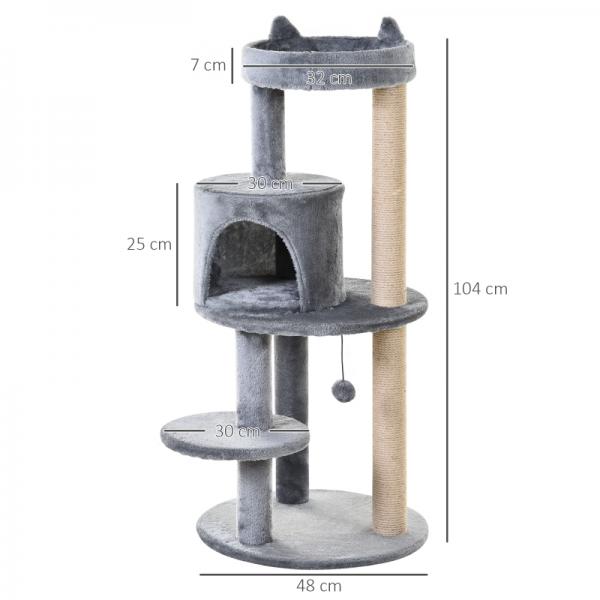 Katzenbaum 4-Stock Katzenhöhle mit Spielbällen Sitzstange Sisalsäule Sisal Plüsch Grau