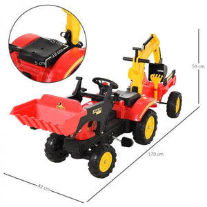 Trettraktor mit Anhänger Tretbagger mit Frontlader Kindertrettraktoren ab 3 Jahre Stahl Kunststoff Rot 179 x 42 x 59 cm