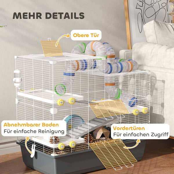 Zwerghamsterkäfig mit Tunnelsystem Zubehör und 4 Ebenen grau