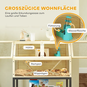 Zwerghamsterkäfig mit Wasserflasche Hütte & Rädern 87x43x101cm Naturholz