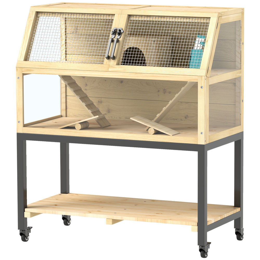 Gabbia per criceti nani con borraccia, capanna e ruote, 87x43x101cm, legno naturale