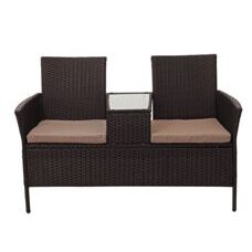 Rattan Gartenbank mit Tisch 132cm ~ braun, Kissen creme