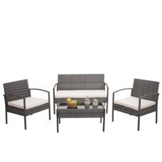 Balkon Sitzgruppe Poly-Rattan 7tlg. Garnitur-Lounge grau, Kissen creme