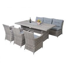 Poly-Rattan Sitzgruppe, Gartengarnitur, 200x100cm ~ grau, Kissen hellgrau