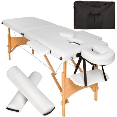 2 Zonen Massageliege-Set Freddi mit 5cm Polsterung, Rollen und Holzgestell weiss