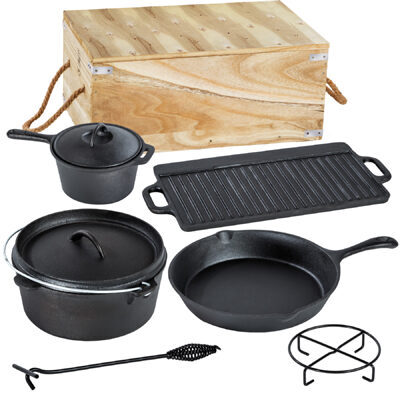 Dutch Oven-Set aus Gusseisen in Holzkiste 9-tlg.