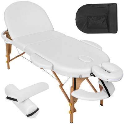 Massageliege oval mit 5cm Polsterung, Rollen und Holzgestell weiss