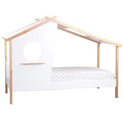 Hausbett Kinderbett 90x200cm mit Bettkasten Weiss-Natur