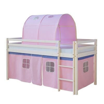 Hochbett Kinderbett 90x200cm aus Holz Weiss-Rosa