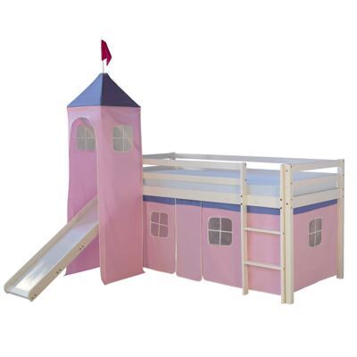 Hochbett Kinderbett 90x200cm aus Holz Weiss-Rosa