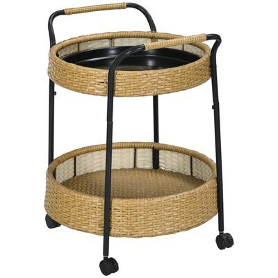 Servierwagen Rattan Trolley mit 2 Regalen Natur-Schwarz